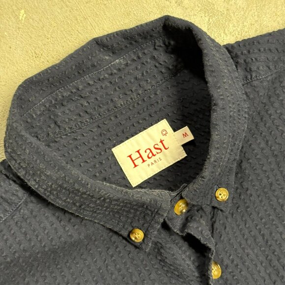 Hast Paris Searsucker Shirt Long Sleeve Button Down Blue Cotton Medium - Picture 6 of 8